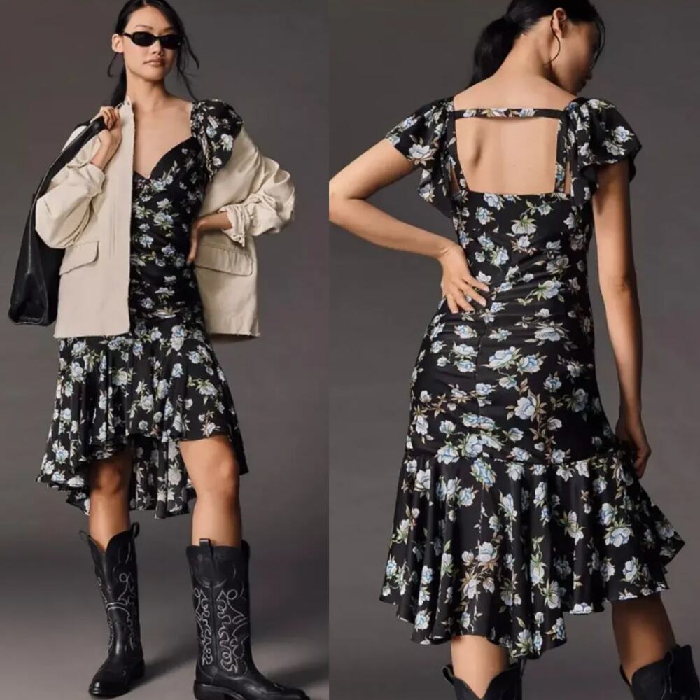 New Anthropologie Ruched Drop-Waist Floral Dress - Small